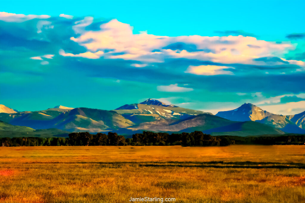 A calming mountain landscape with golden fields and a blue sky, evoking peace and the harmonious blend of nature.