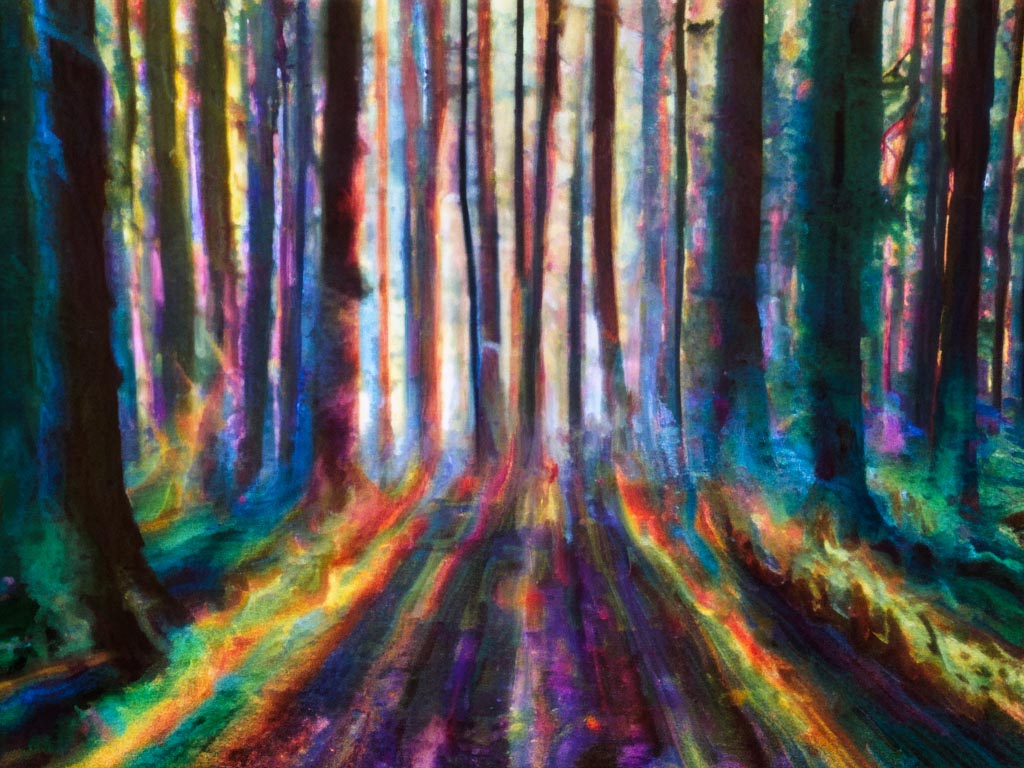 A vibrant and colorful forest scene with light beams shining through tall trees, symbolizing possibilities and transformation.